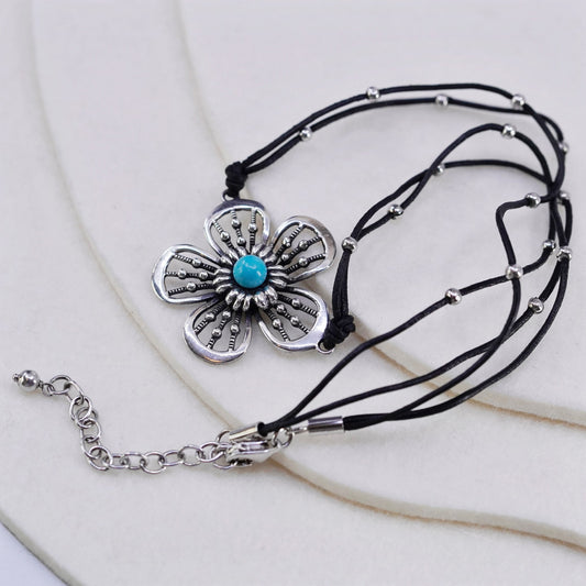 16+2”, 925 Sterling Silver Handmade black Leather Necklace flower pendant