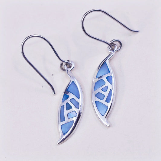 Vintage sterling 925 silver handmade earrings with blue mother of pearl drop, stamped 925