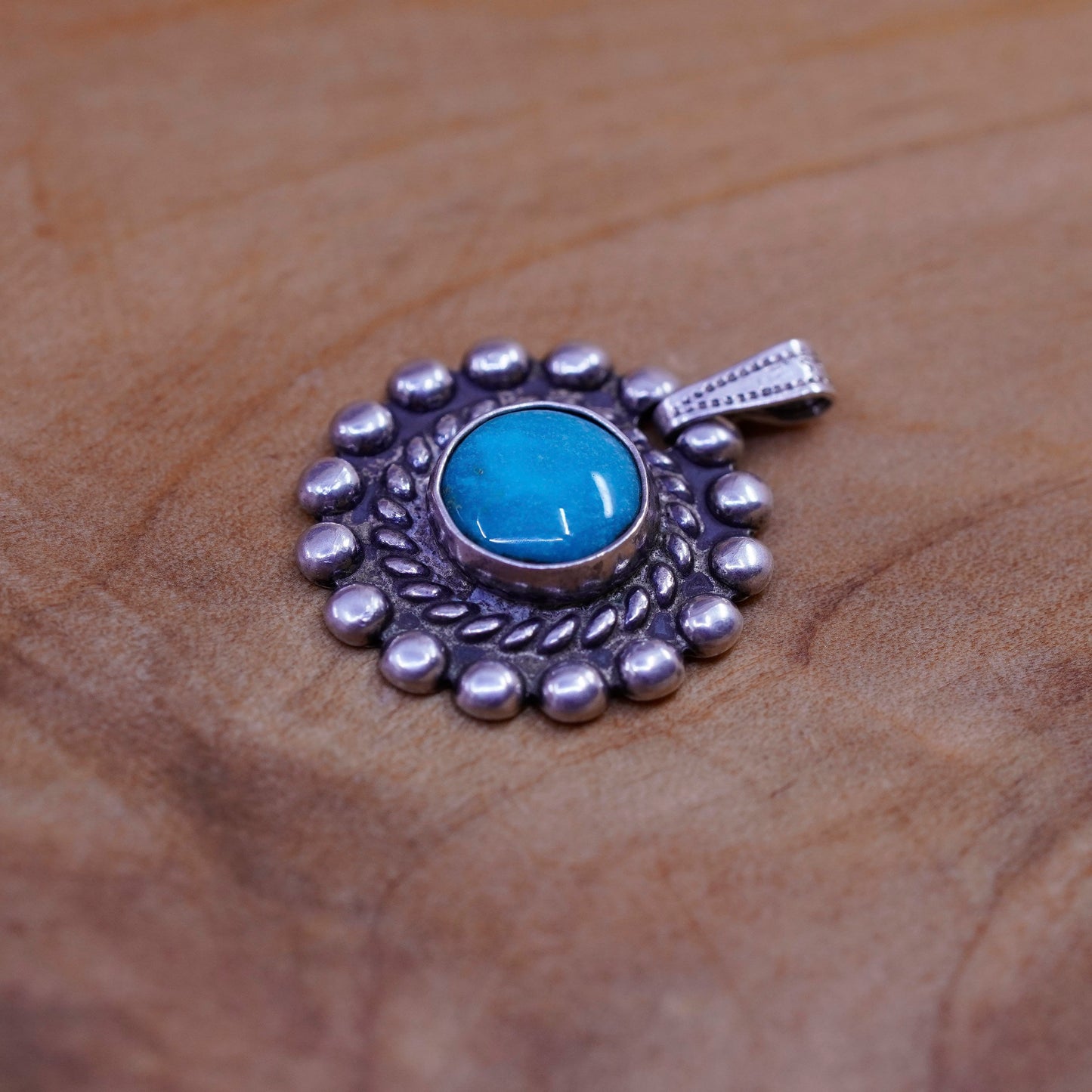 Vintage Sterling silver handmade pendant with turquoise, 925 flower with beads