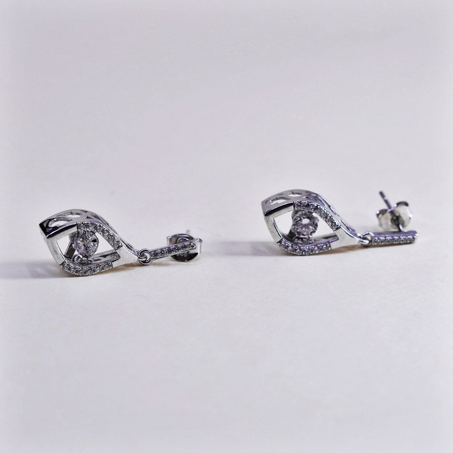Vintage sterling 925 silver handmade earrings with dancing CZ