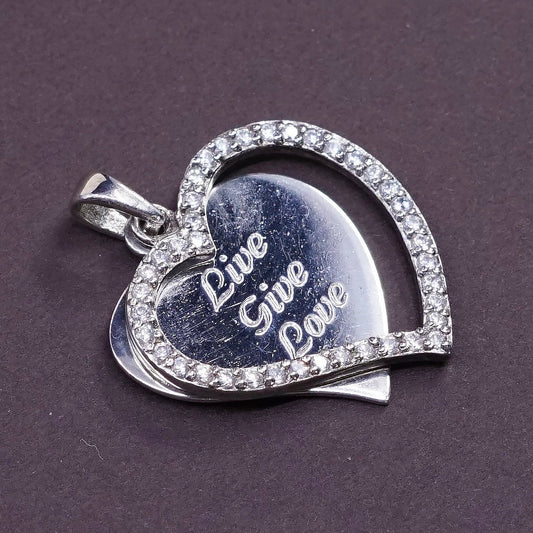 Sterling silver heart pendant, 925 engraved “love give love” Swarovski Crystal