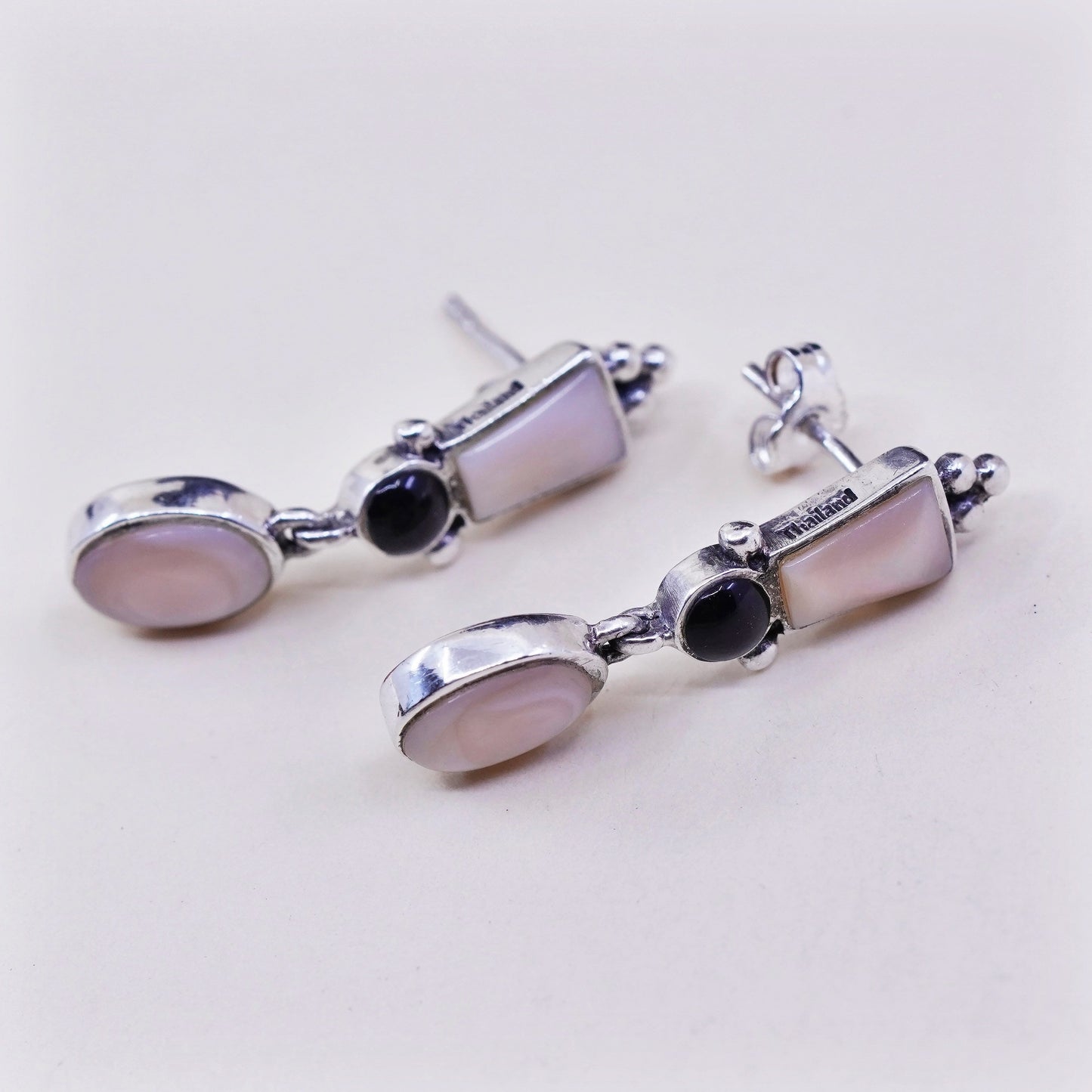Vintage Sterling 925 silver handmade earrings with mother of pearl and obsidian