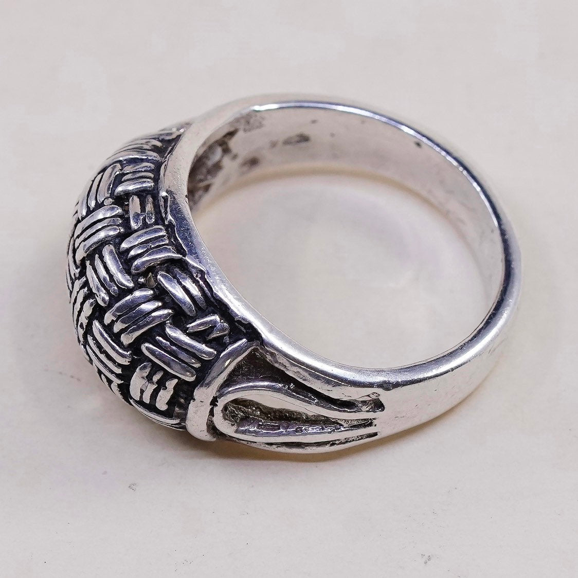 sz 9.25, vtg sterling silver handmade ring, Mexico 925 woven braided band