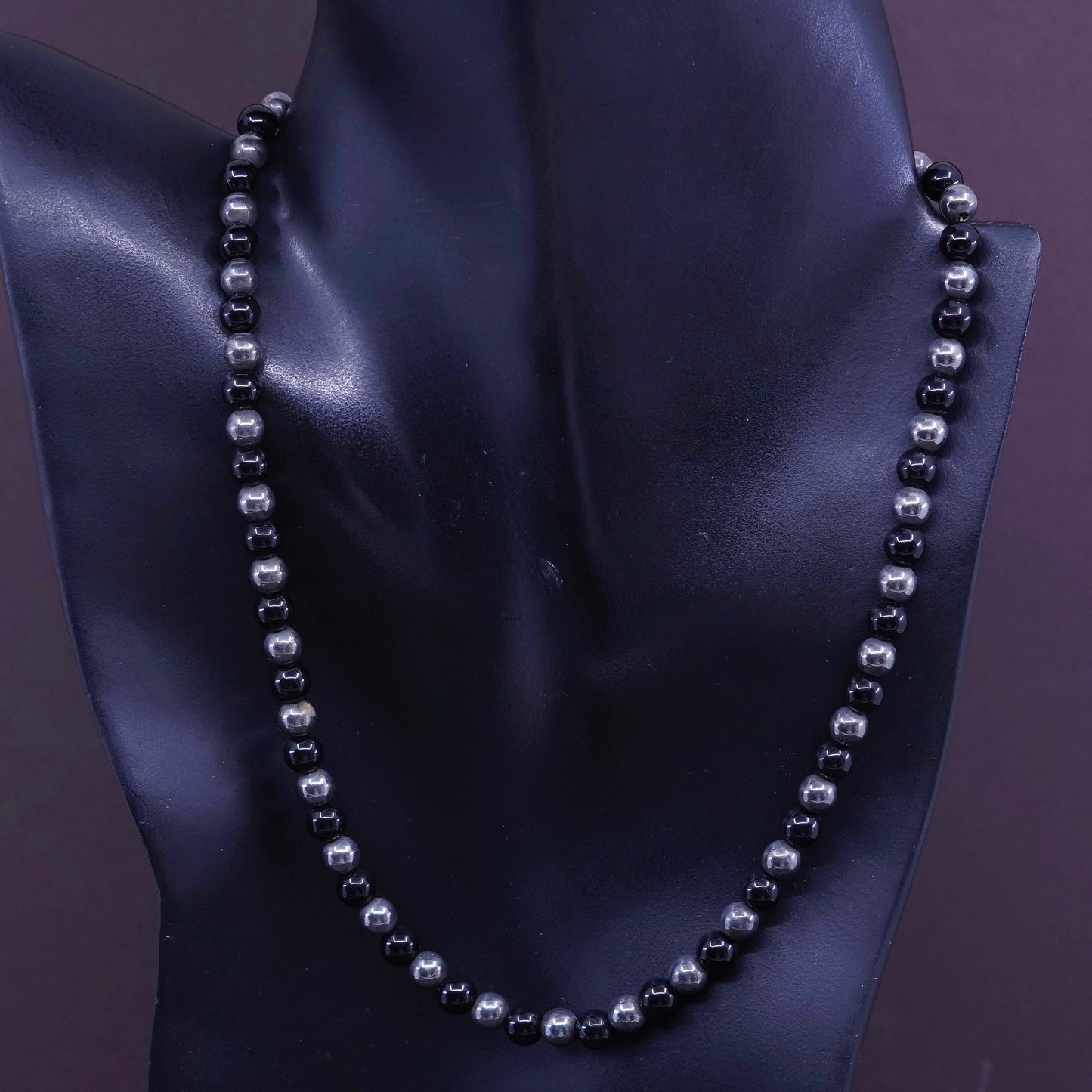 18” vintage sterling 925 silver handmade necklace with obsidian beads