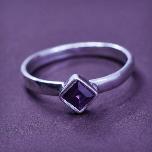 Size 7, Sterling 925 silver handmade stackable band ring with square amethyst