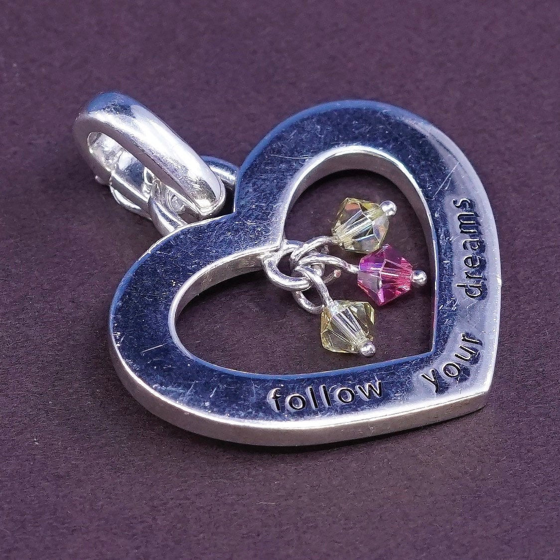 Sterling silver pendant 925 heart pendant w/ pink crystal "follow your dream"