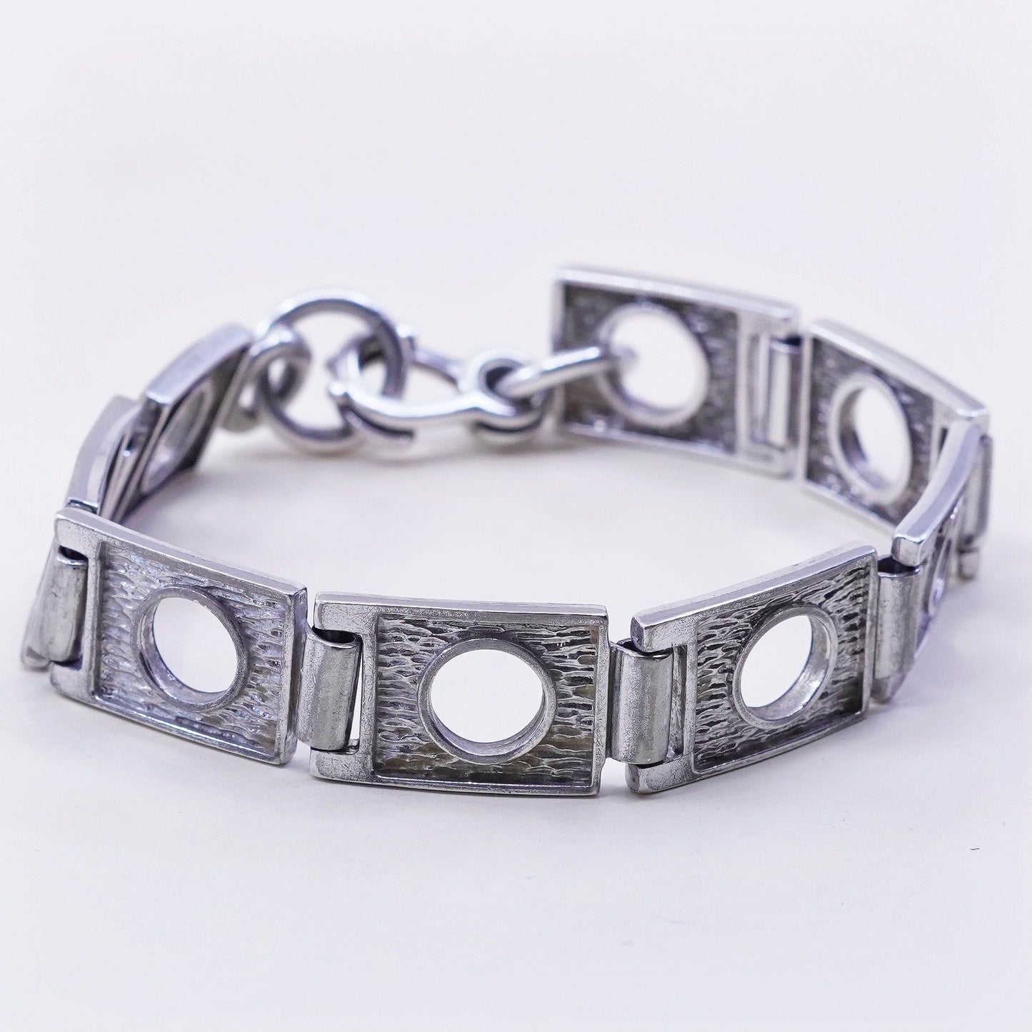 7”, vtg modern sterling silver tennis bracelet textured 925 square circle chain