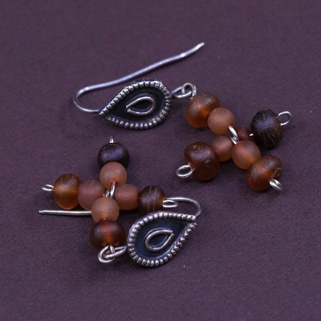 vtg Sterling silver handmade earrings, 925 teardrop with beads cross