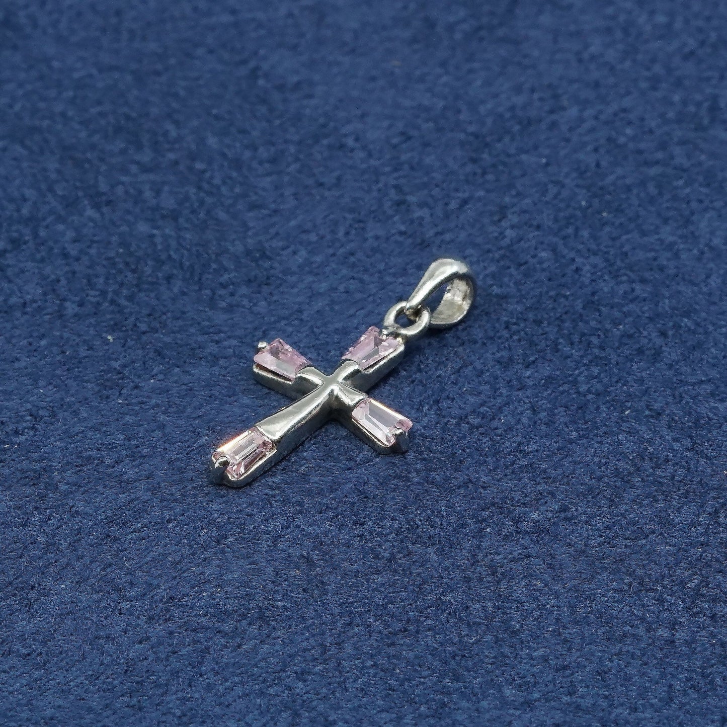 vtg Sterling silver handmade pendant, 925 cross w/ pink crystal