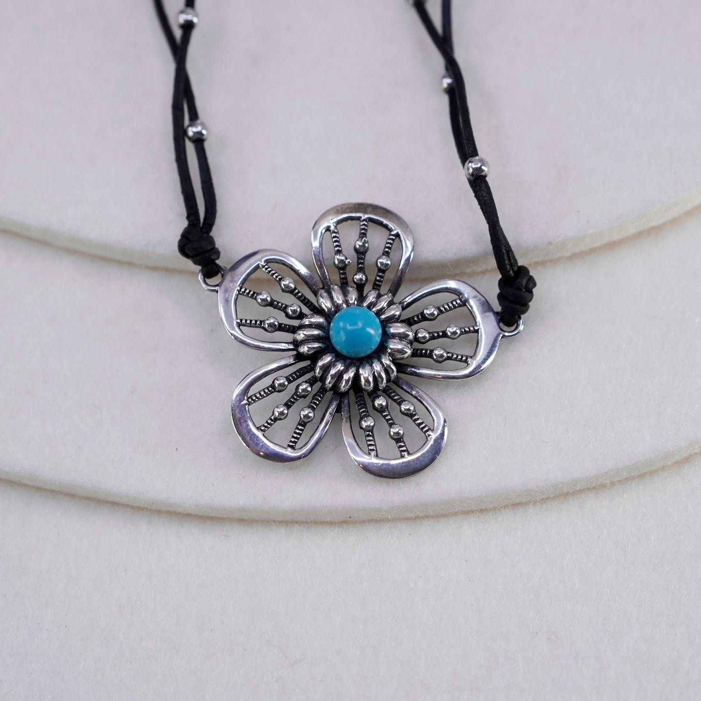 16+2”, 925 Sterling Silver Handmade black Leather Necklace flower pendant