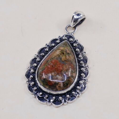 Vtg Sterling Silver Handmade Teardrop Jasper Pendant, 925 Pendant W/ Beads Bali