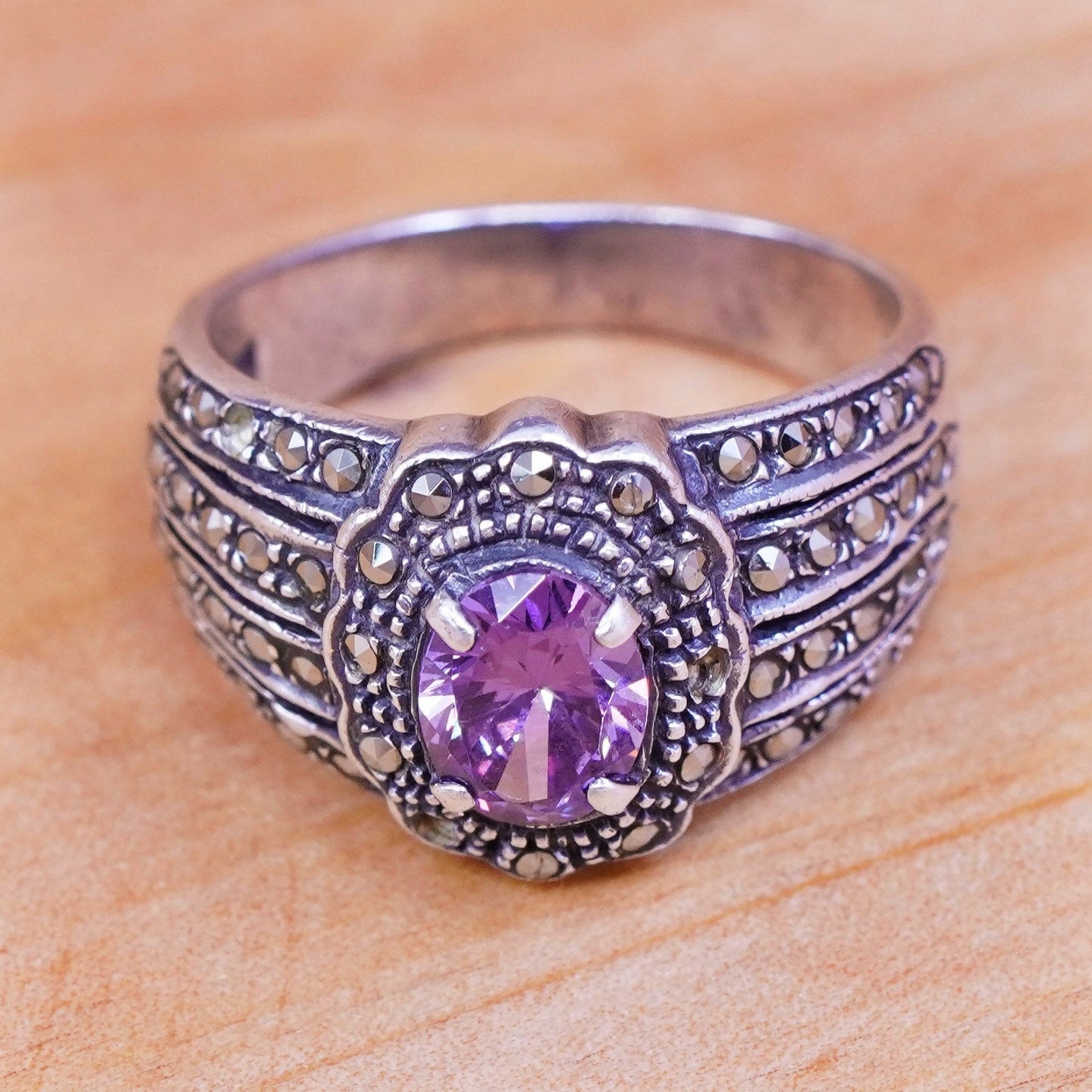 sz 8.25, vintage Sterling 925 silver handmade ring with amethyst and marcasite