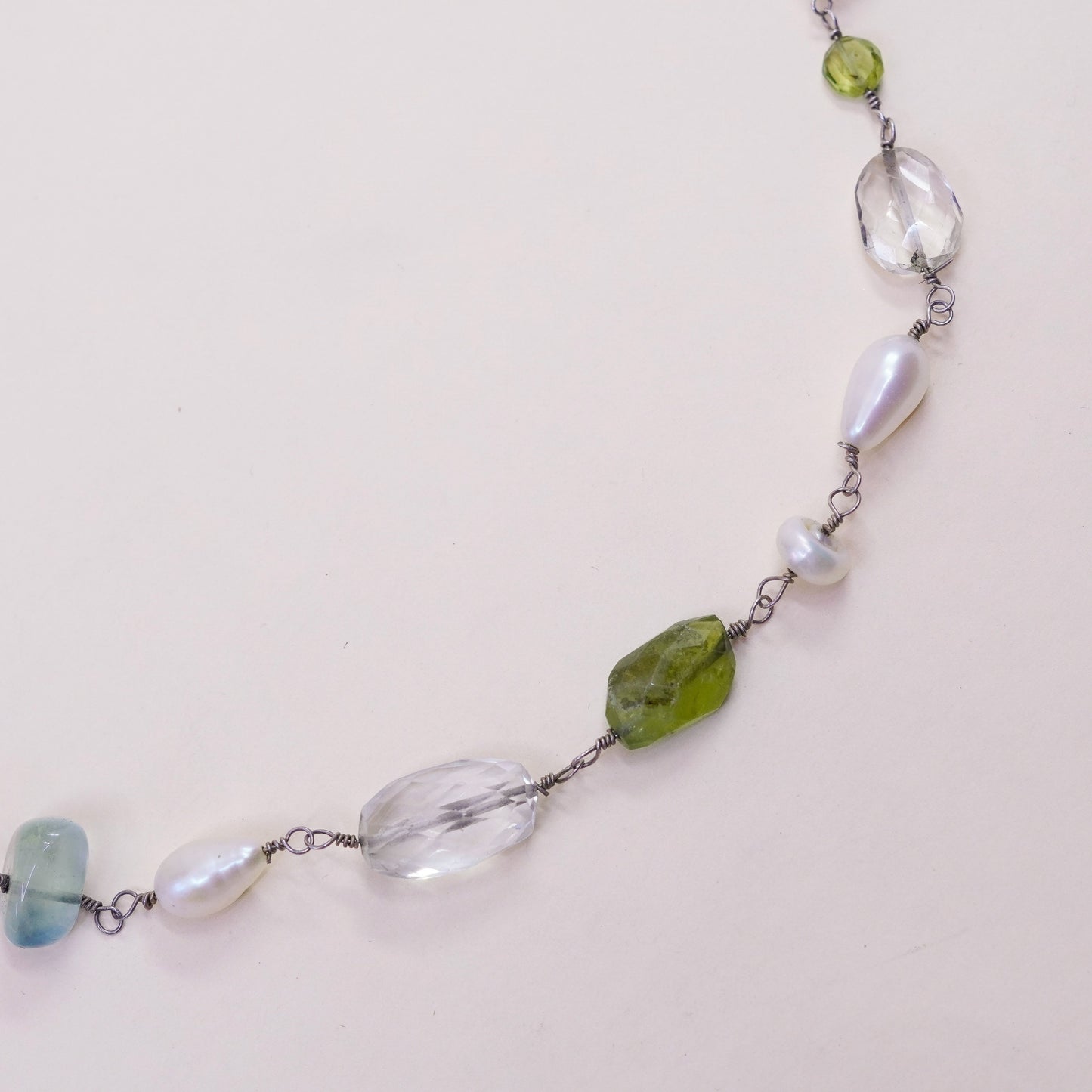 16”, vtg sterling 925 silver handmade necklace with nugget prehnite and pearl