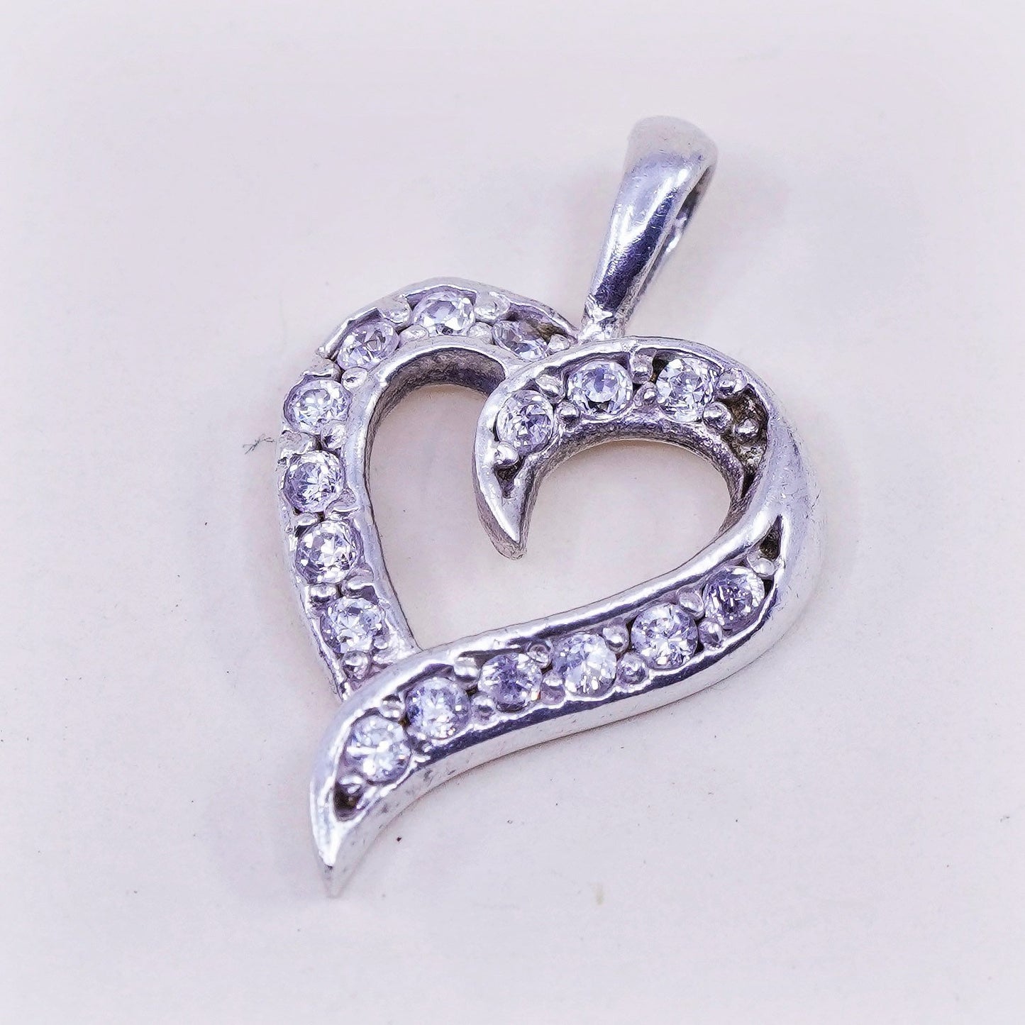 Vintage sterling silver heart charm, 925 pendant with Cz