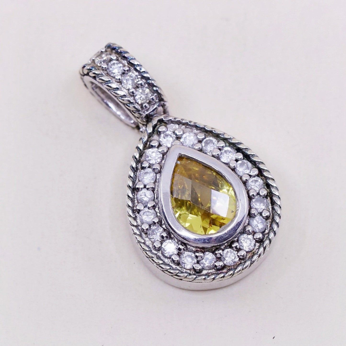 Vintage TGI sterling 925 silver handmade pendant with teardrop citrine and Cz