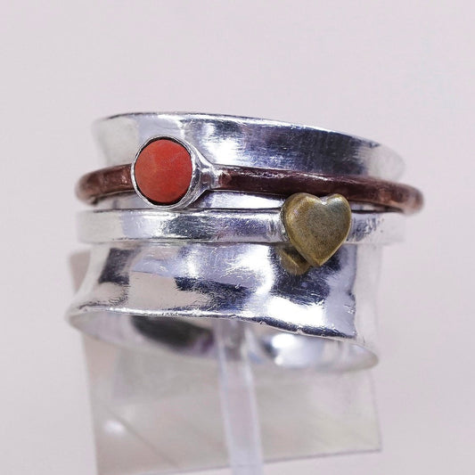 sz 6, vtg two Tone Sterling 925 silver Handmade spinner ring, band w/ coral