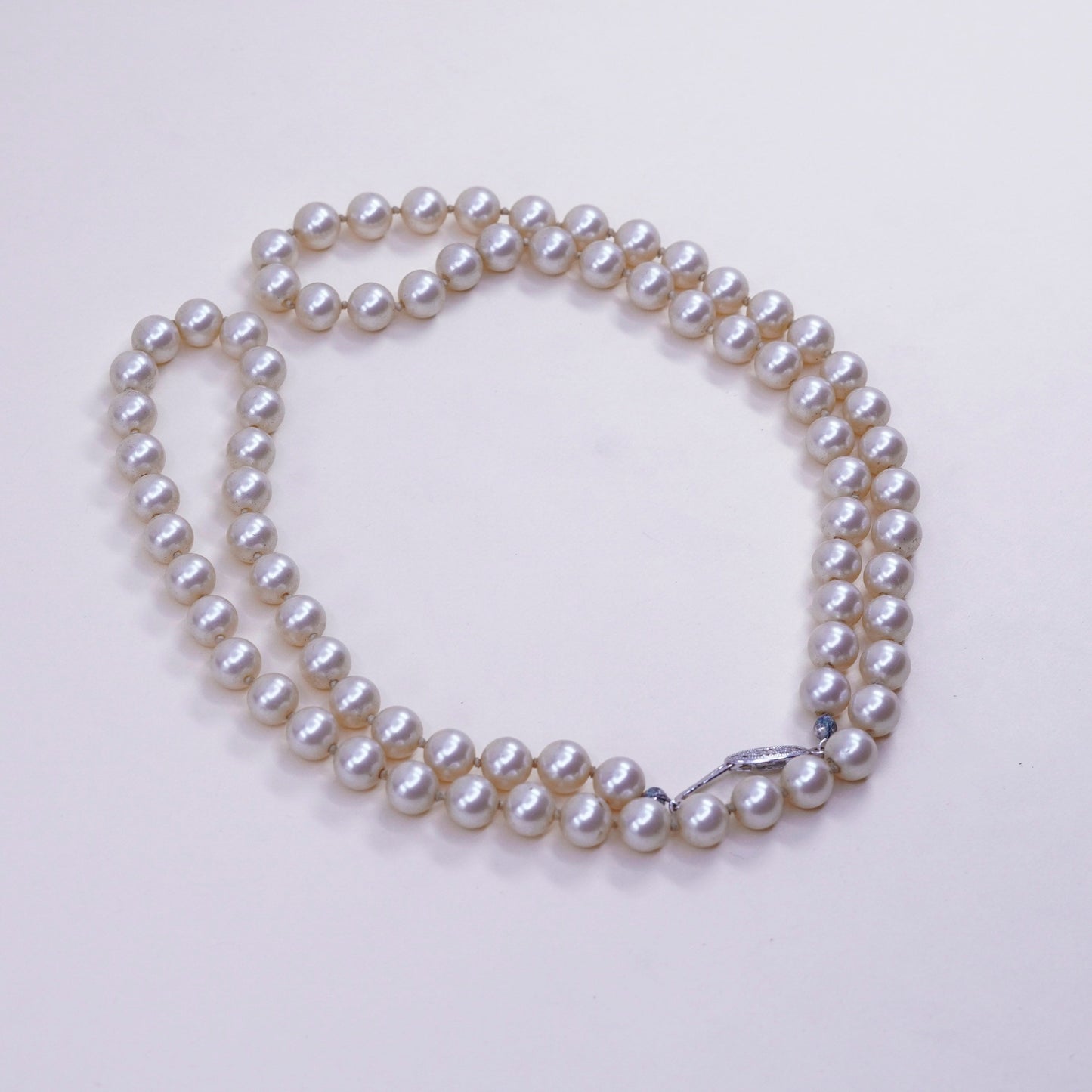 28”, Vintage faux pearl beads necklace chain with sterling 925 silver clasp