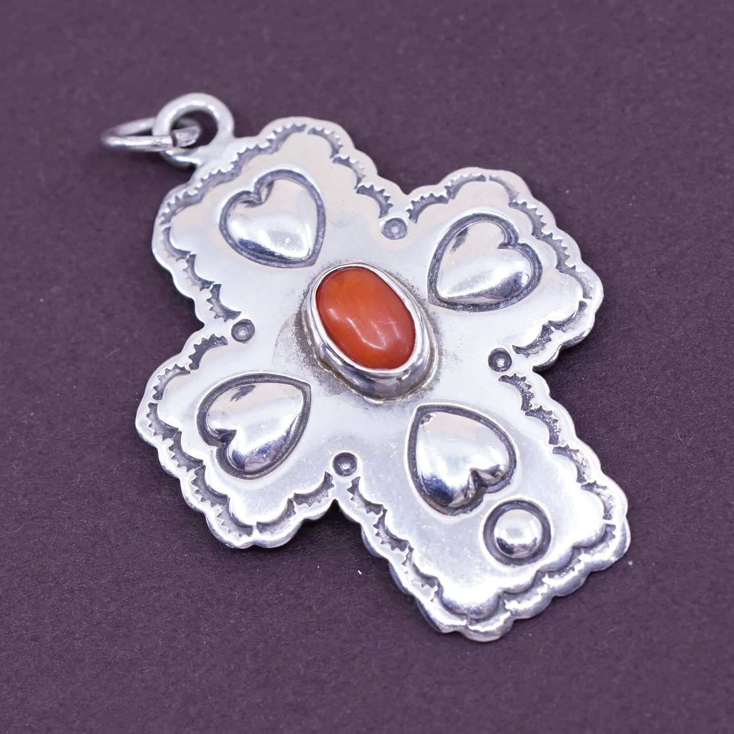 Native American r coriz handmade sterling 925 silver pendent, w/ coral pendant