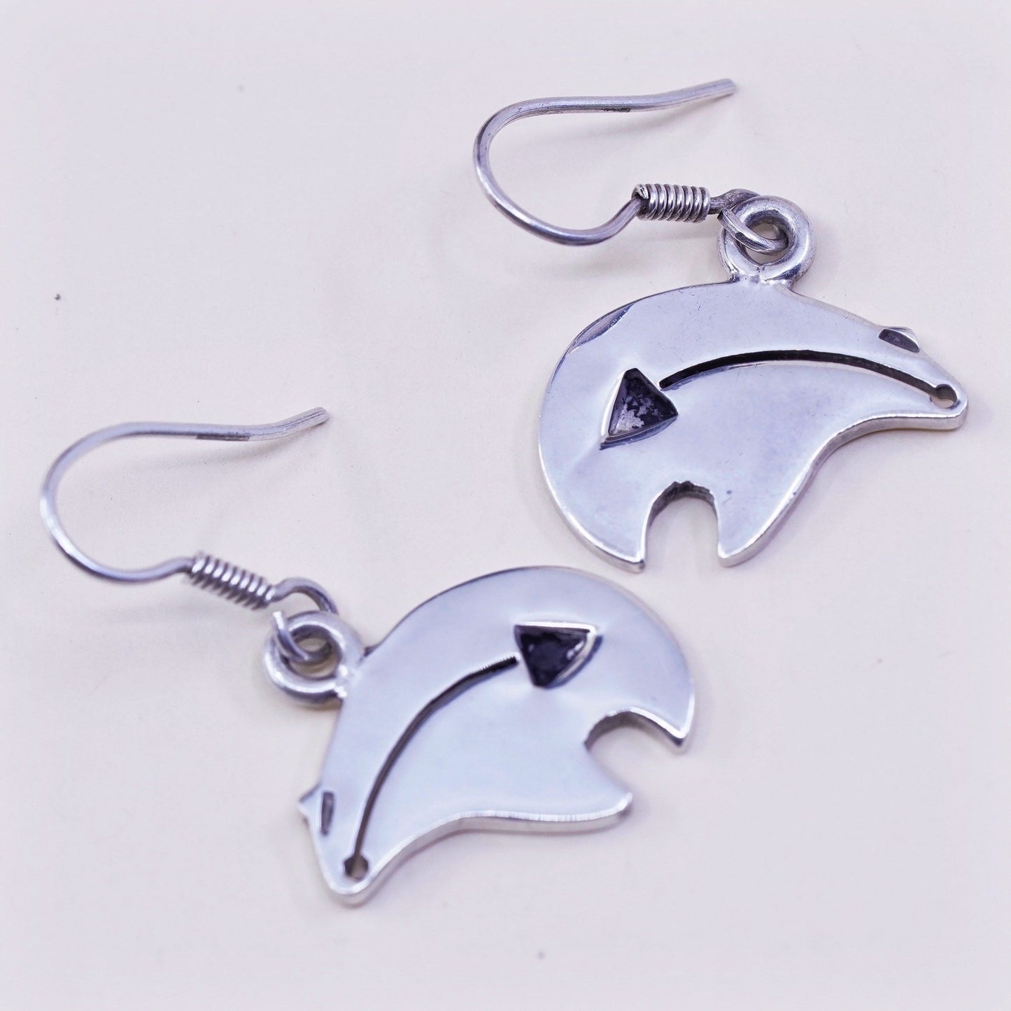 Vintage Mexico Sterling silver handmade earrings, 925 arrow bear dangles, Stamped mexico 925