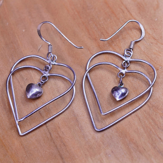 Vintage Sterling silver handmade earrings, 925 double heart