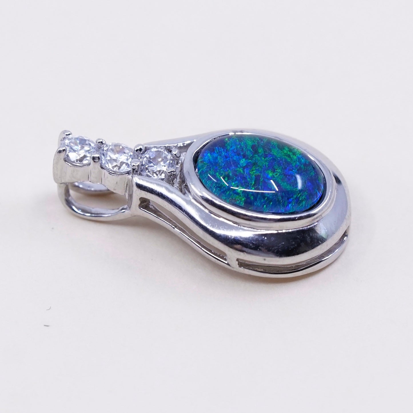 Vintage sterling 925 silver handmade pendant with opal and cz