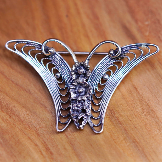 Vintage handmade sterling 925 silver filigree butterfly brooch