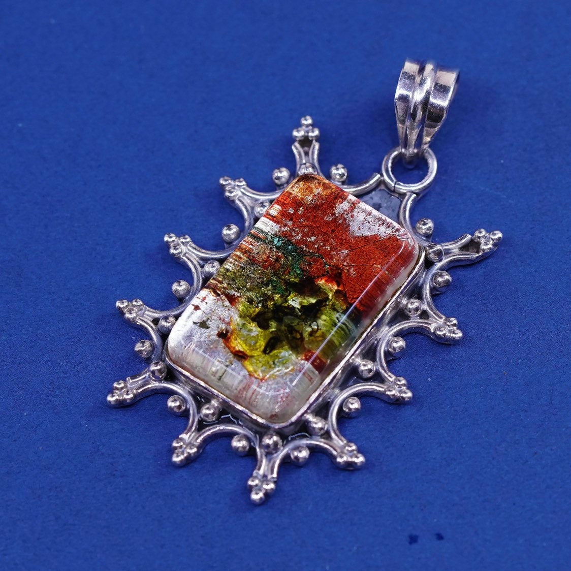 vtg sterling silver handmade pendant, 925 w/ colorful dichroic glass