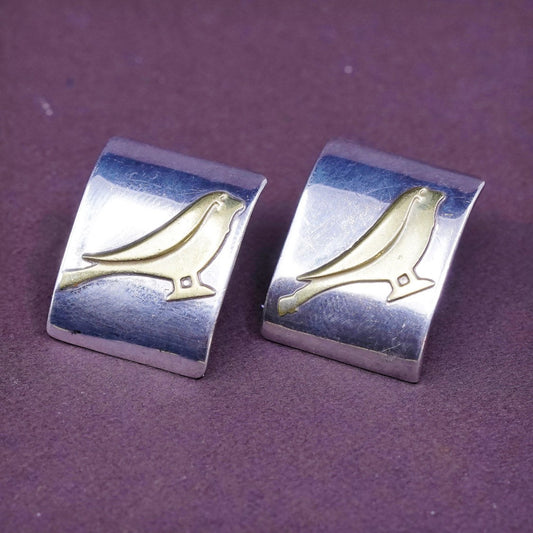 vtg Sterling silver handmade earrings, 925 studs engraved brass bird