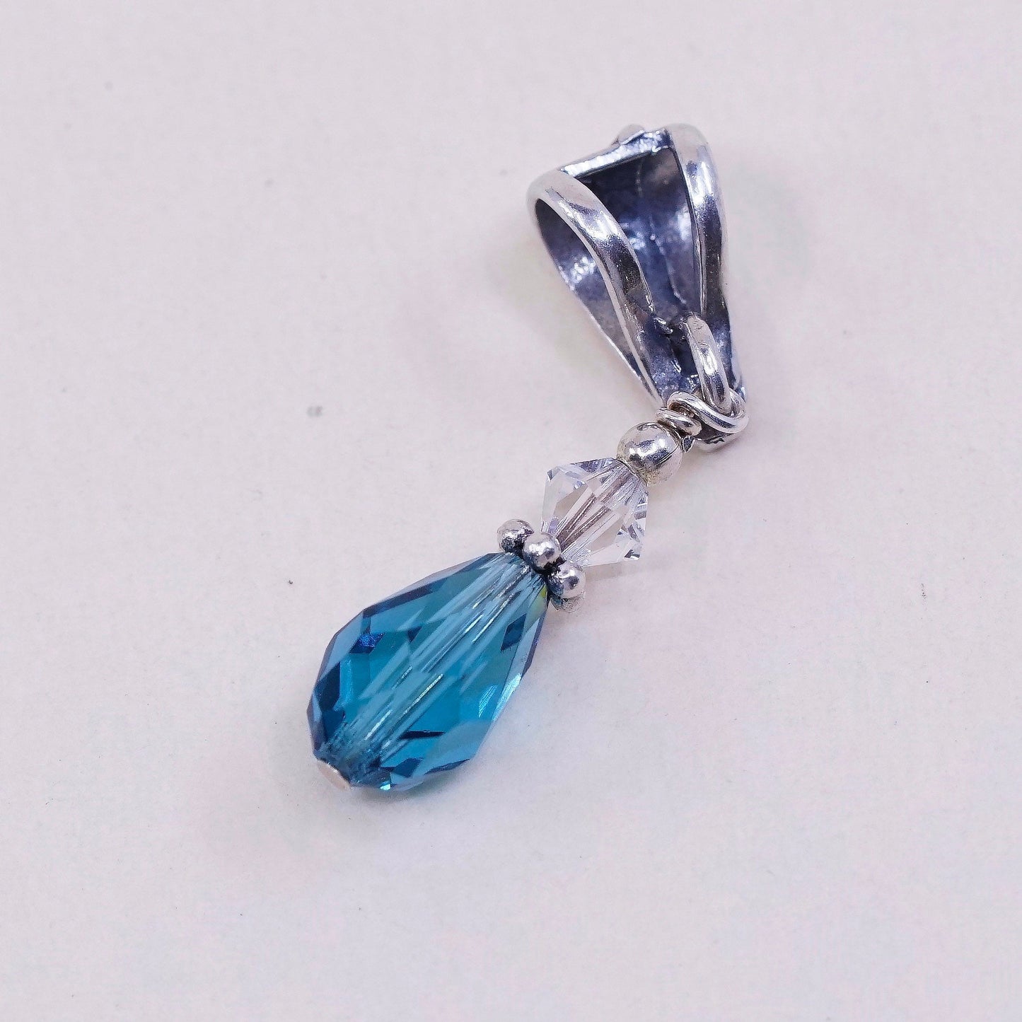 VTG Sterling silver handmade pendant, 925 with teardrop shaped blue crystal