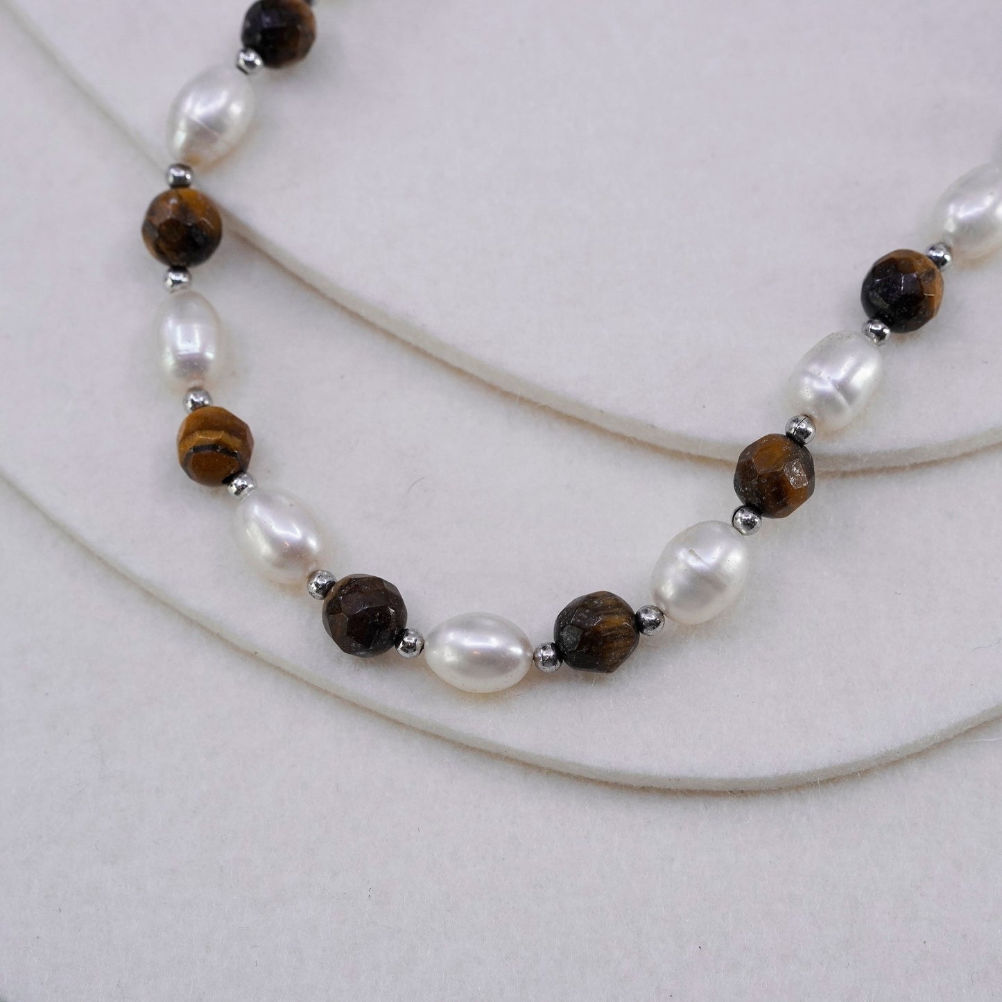 16+2”, Sterling 925 silver handmade necklace pearl golden tiger eye beads