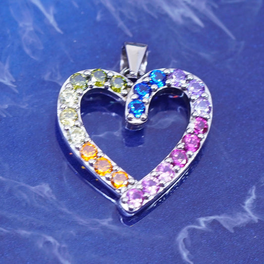 Vintage Sterling 925 silver heart pendant with cluster colorful Cz