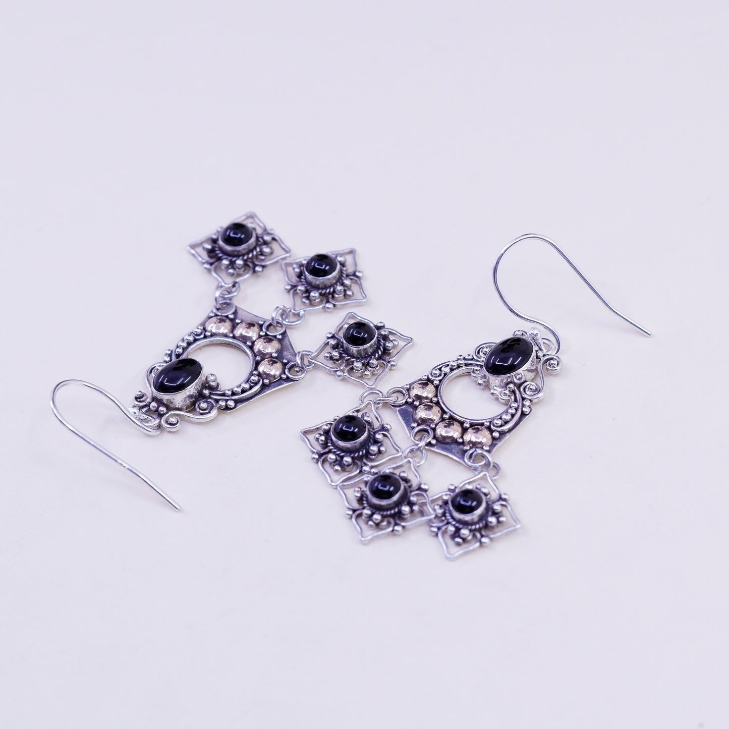Vintage two tone Sterling 925 silver handmade earrings with obsidian and beads