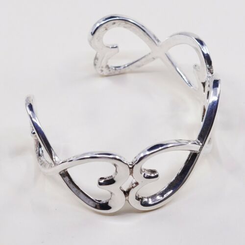 6.25” Sterling Silver 925 Vintage Antique Polished Heart Cuff Handmade Bracelet