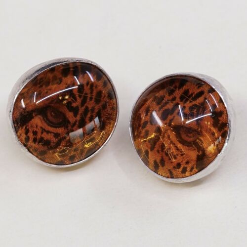 Vtg Sterling Silver Handmade Amber earrings, 925 silver Studs W/ Leopard Inlay