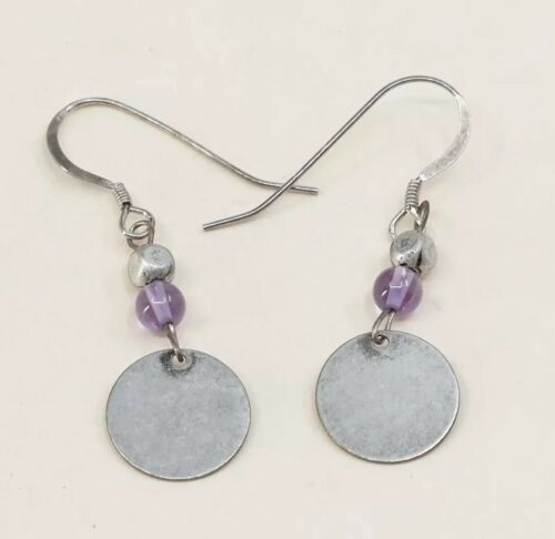 Vtg Sterling Silver Handmade Earrings, 925 dangles Tag W/ Amethyst Beads