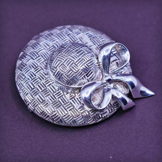 Vintage SBI sterling 925 silver straw beach hat brooch with ribbon bow tie