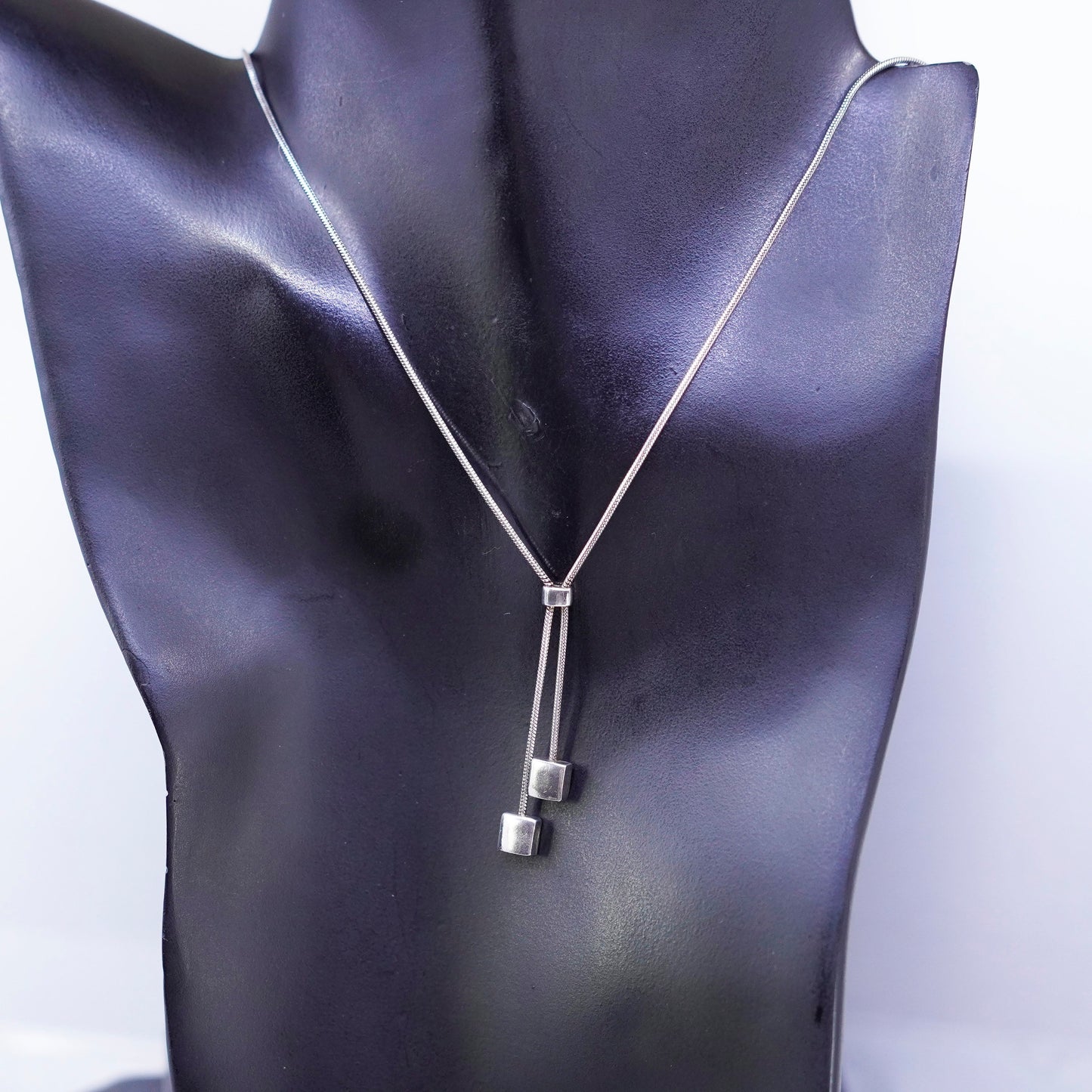 18”, Sterling 925 silver handmade snake necklace with fringe square pendant