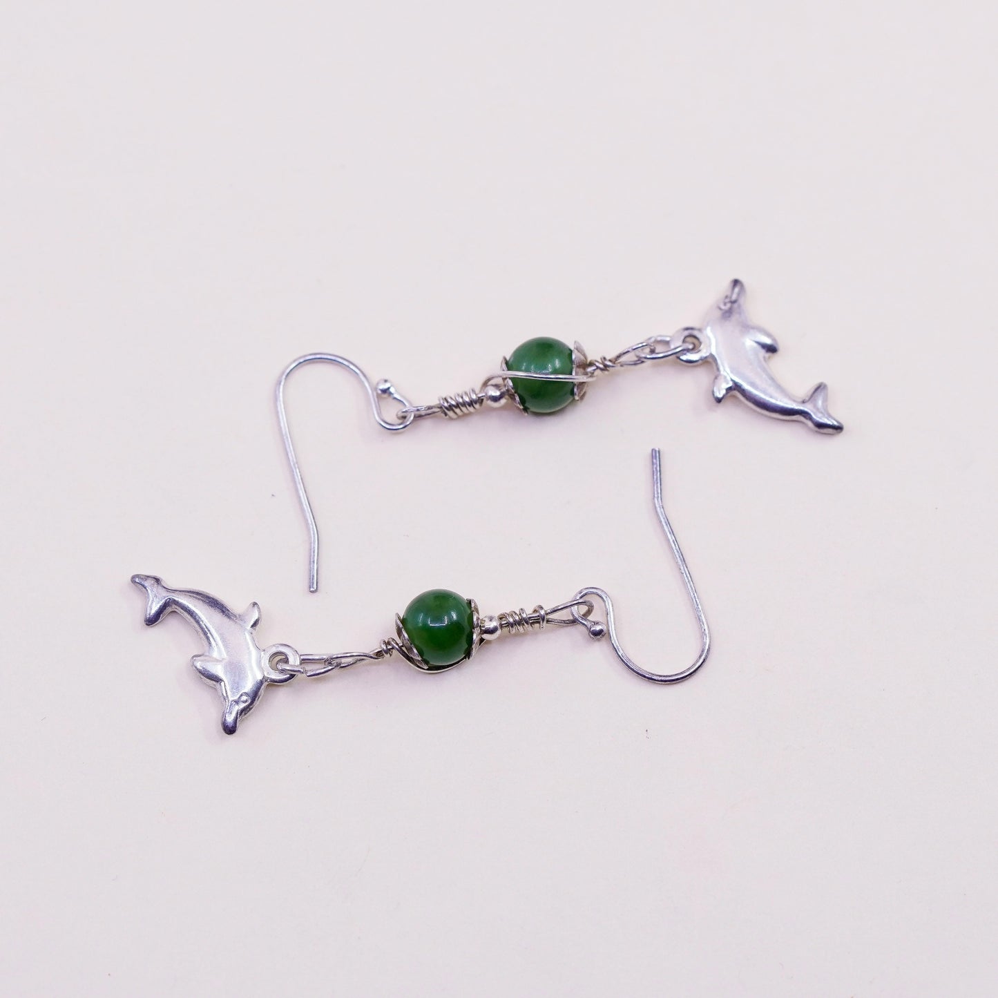 Vintage sterling 925 silver handmade dolphin drop earrings with jade bead