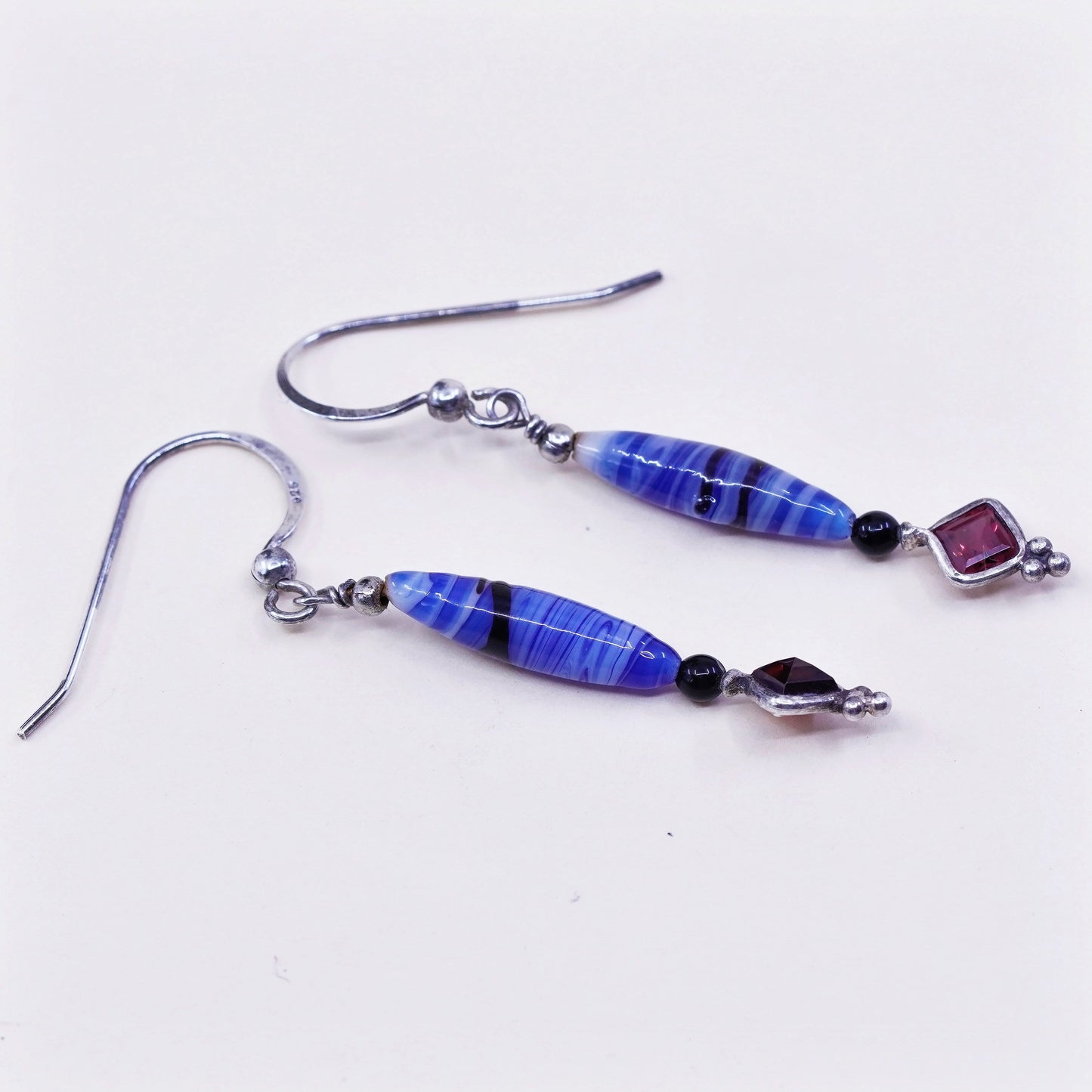 Sterling silver handmade earrings, 925 hooks w/ blue artisan glass drops N ruby