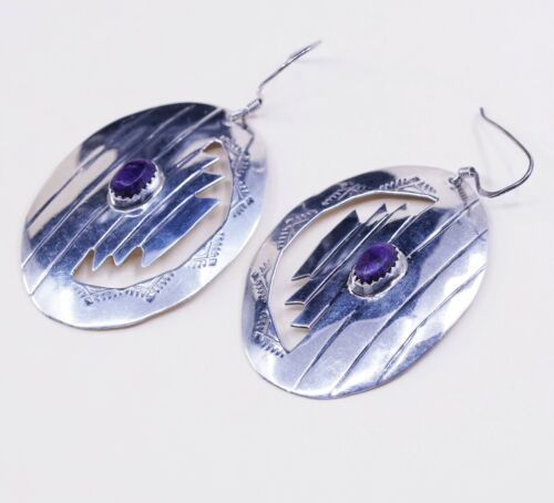 NAVAJO Native American handmade Sterling 925 Silver Huge Disc earrings W/ Purple