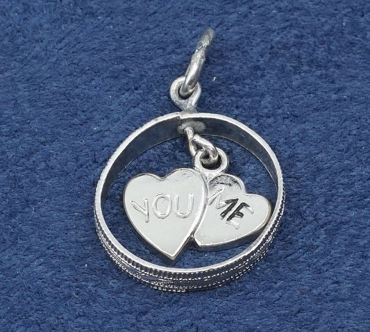 vtg sterling silver handmade pendant, 925 double heart charm embossed “you, me
