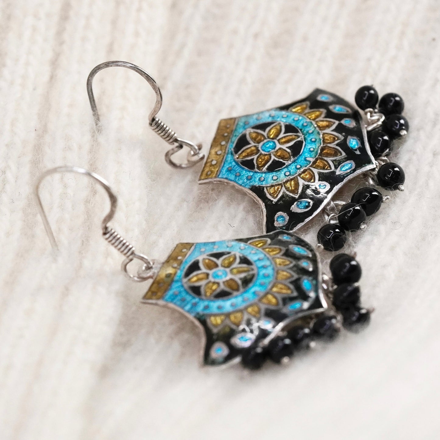 sterling 925 silver handmade earrings blue enamel and cluster obsidian beads