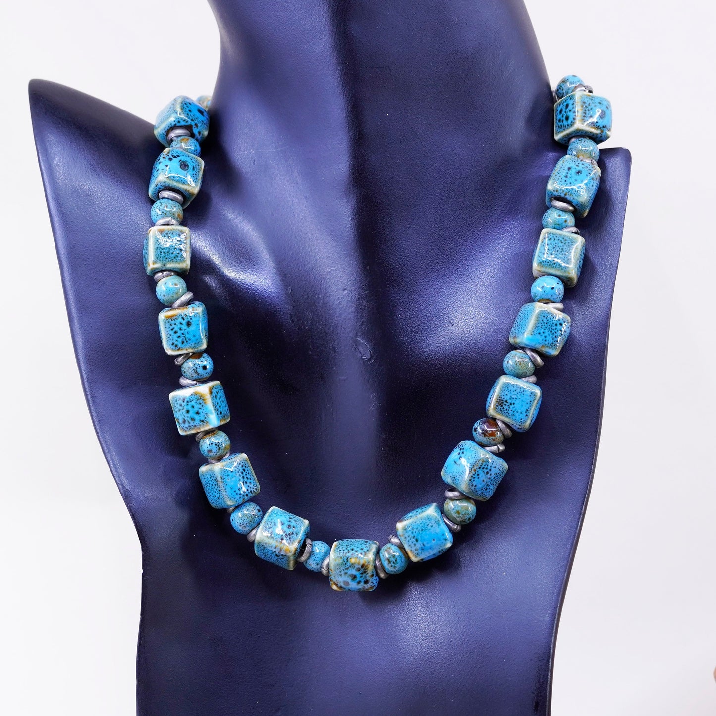 17” sterling 925 silver handmade bead necklace with blue dotted ceramic cube