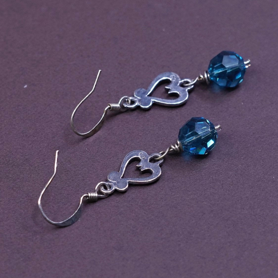 VTG Sterling silver Handmade earrings, 925 Bali dangle W/ blue crystal