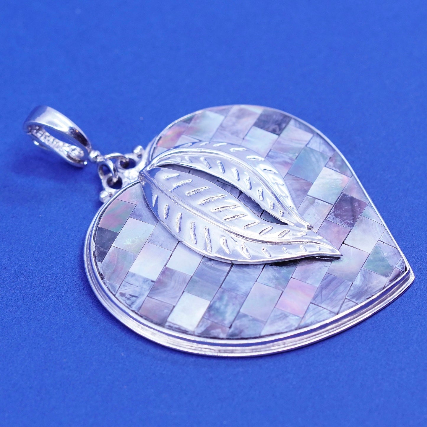 Vintage Sajen sterling silver handmade heart pendant, 925 leaves with abalone