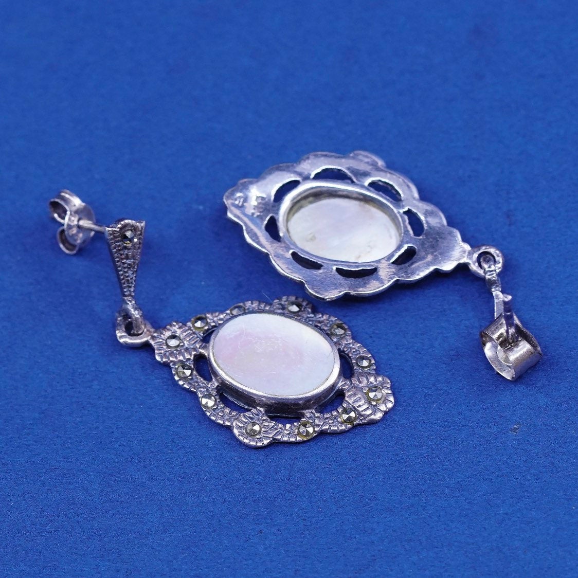 vtg Sterling silver handmade earrings, 925 w/ oval mother of pearl N marcasite