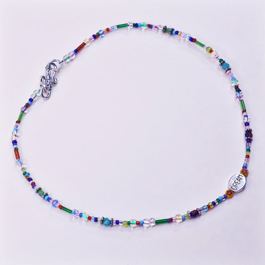 16”, necklace colorful glass bead chain sterling 925 silver dream charm