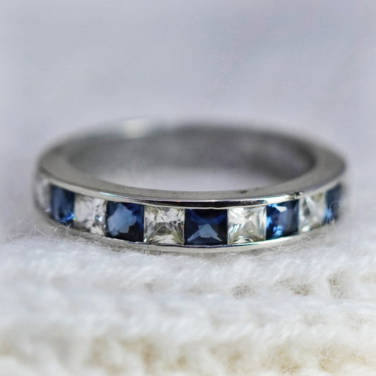 Size 9, Sterling 925 silver stackable ring, wedding band with blue and clear CZ