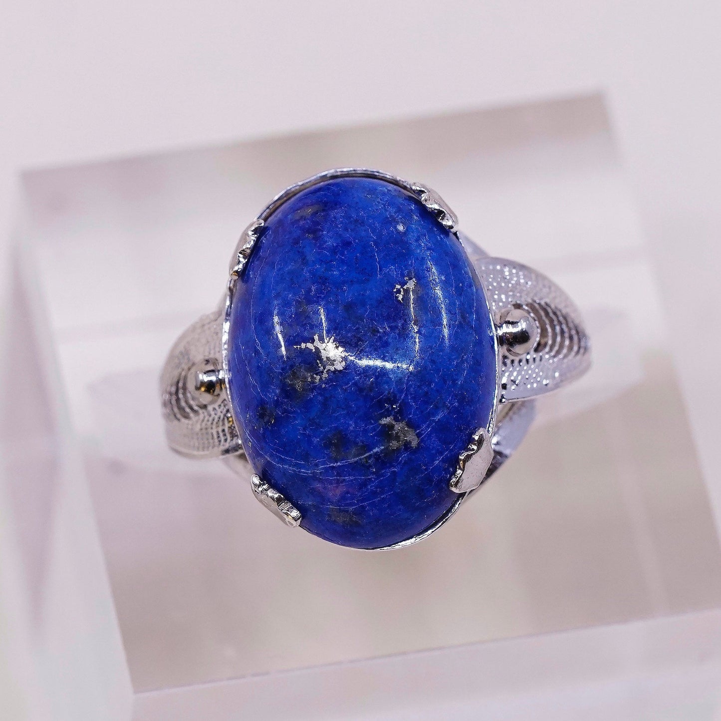sz 6, vtg sterling silver handmade ring 925 statement ring w/ oval Lapis lazuli