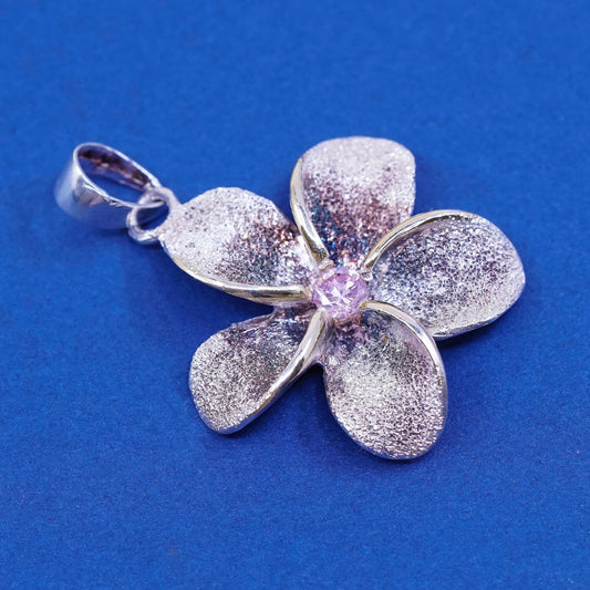 Vintage Sterling silver handmade pendant, 925 flower with pink, stamped 925